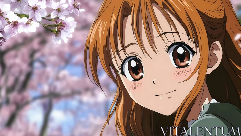 Smiling anime girl under soft pink spring cherry blossoms.
