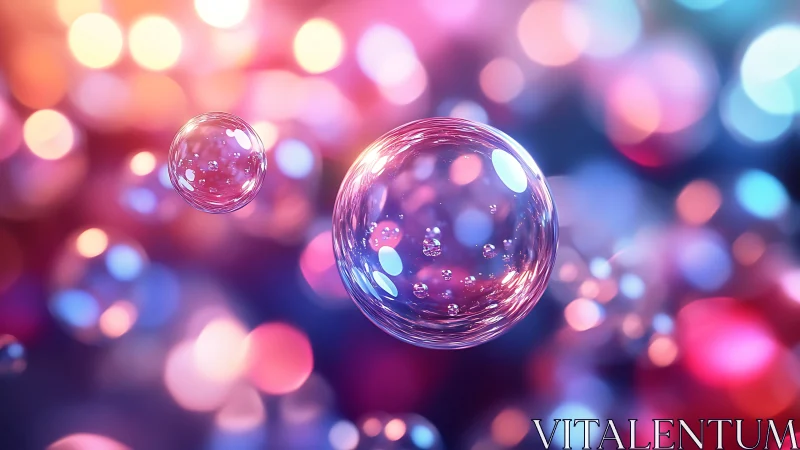 Transparent soap bubbles against defocused colored lights.