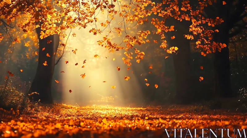Sunlit autumn forest path with falling orange leaves.