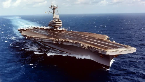 Nuclear aircraft carrier advances across open ocean in daylight