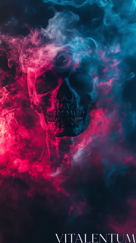 Skull in neon smoke, where eerie shadows glow softly.