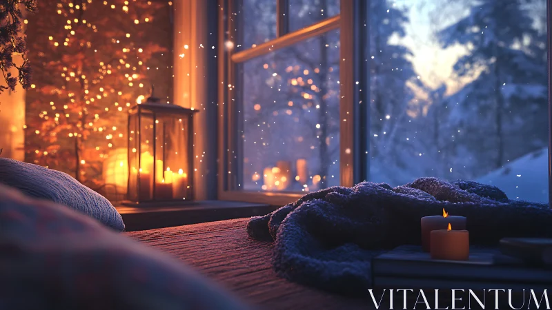 Warm candlelit bedroom contrasts with snowy twilight exterior