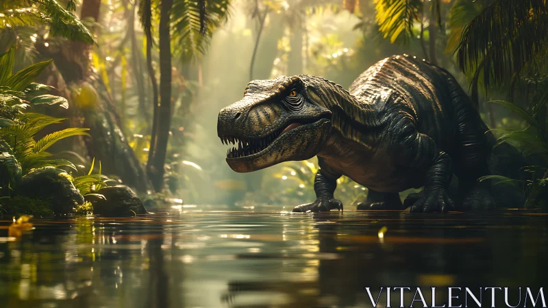 Primeval tyrannosaur stalking through misty jungle shallows.