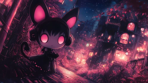 Cat-eared chibi figure in neon-lit night village street scene.