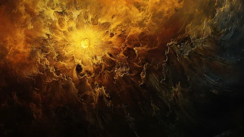 Radiant central light within turbulent abstract cloud forms.