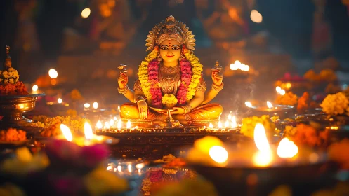 Luminous Lakshmi idol amid glowing diyas and marigolds.