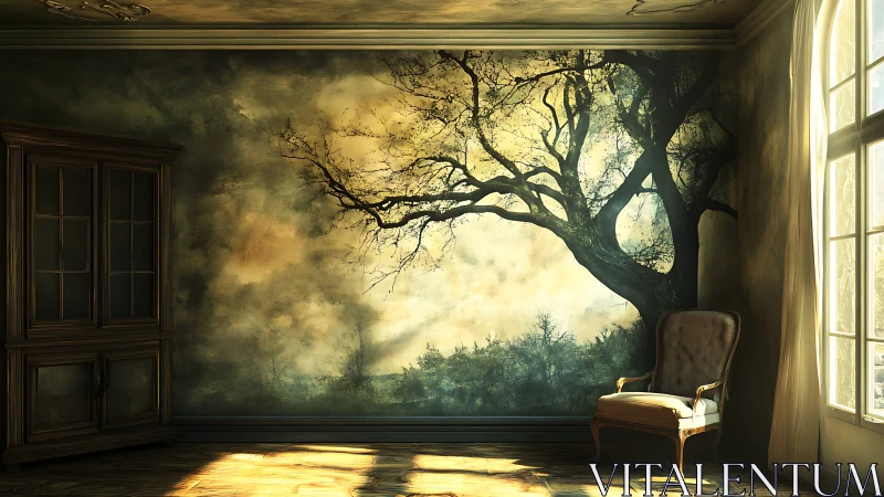 Sunlit interior with dramatic tree mural dominates wall