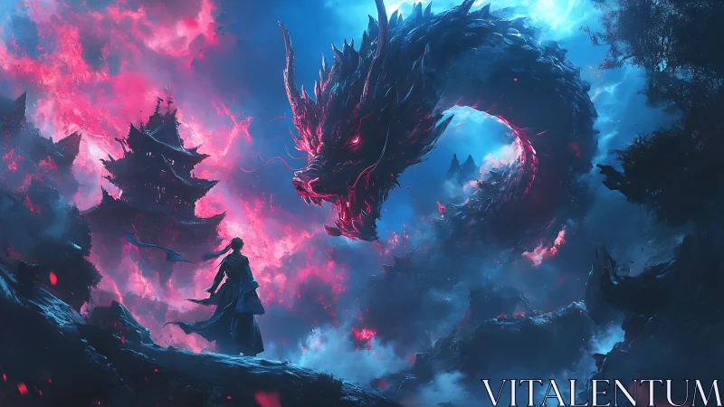 Warrior confronts colossal dragon in neon storm sky.