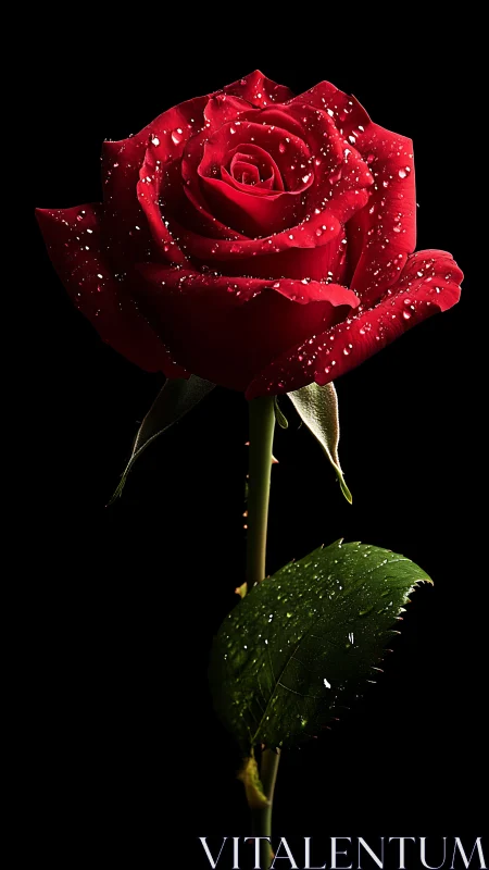 Deep crimson rose glistens with dewdrops against darkness.