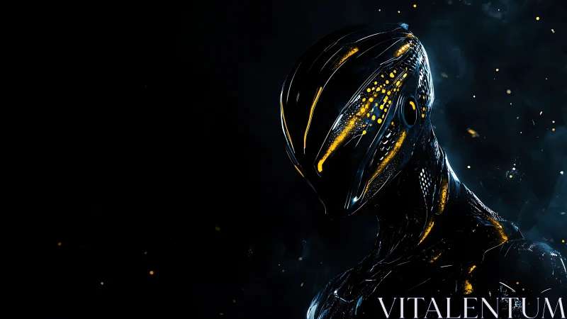 Cyberpunk exosuit construct with luminescent alloy channels.