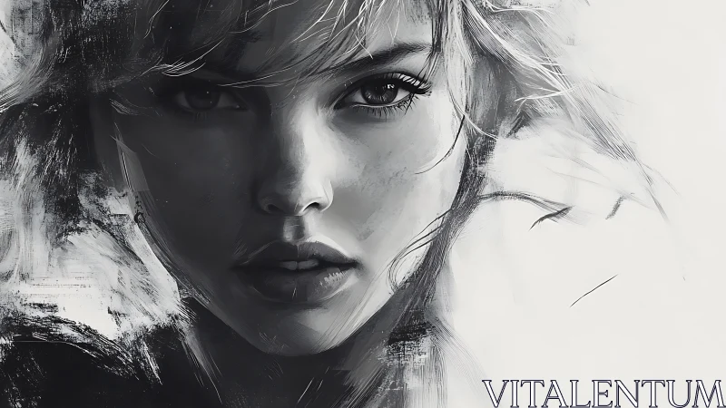 Monochrome digital portrait of a young woman’s face.