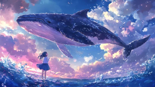 Girl and sky whale sharing a quiet ocean daydream.