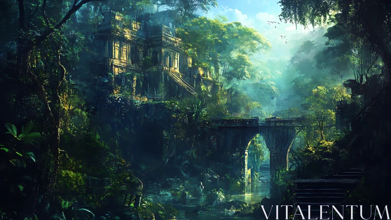 Luminous jungle citadel with eroded aqueduct bridge remnants.