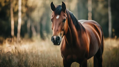 Brown horse standing in tall grass with blurred forest.