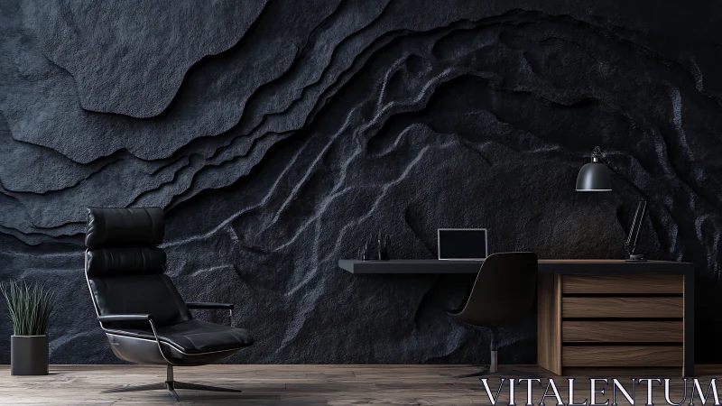 Sculpted slate wall defines monochrome minimalist workspace