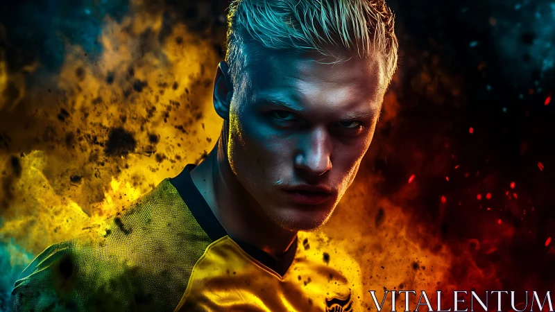 Blond male athlete amid contrasting fiery color clouds.