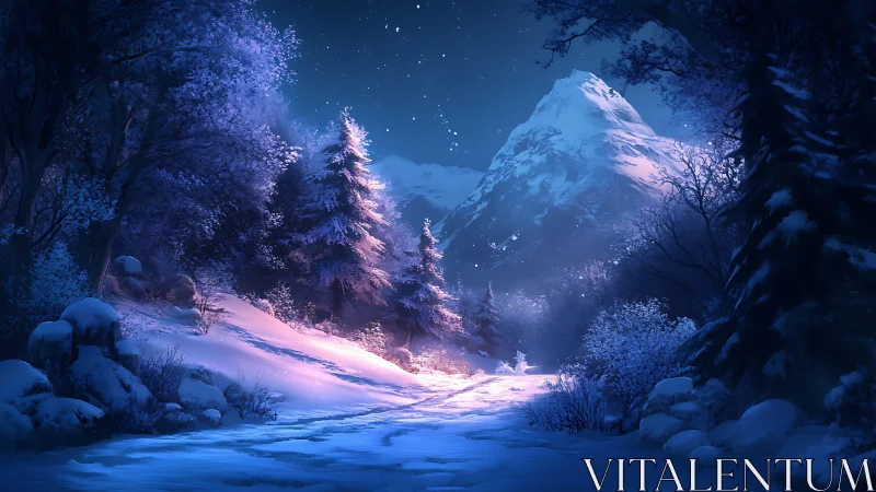 Snow path curves toward moonlit mountain under stars