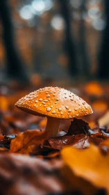 Golden woodland mushroom glows softly among autumn leaves
