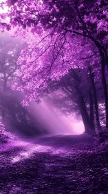 Violet Cathedral: Where Radiant Beams Pierce the Enchanted Forest Canopy