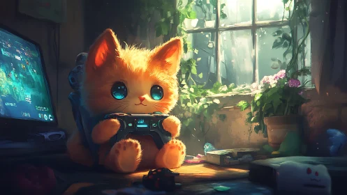 Fluffy orange kitten holds game controller near bright window