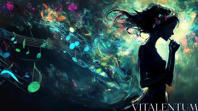 Silhouette of woman with abstract musical notes in color field.