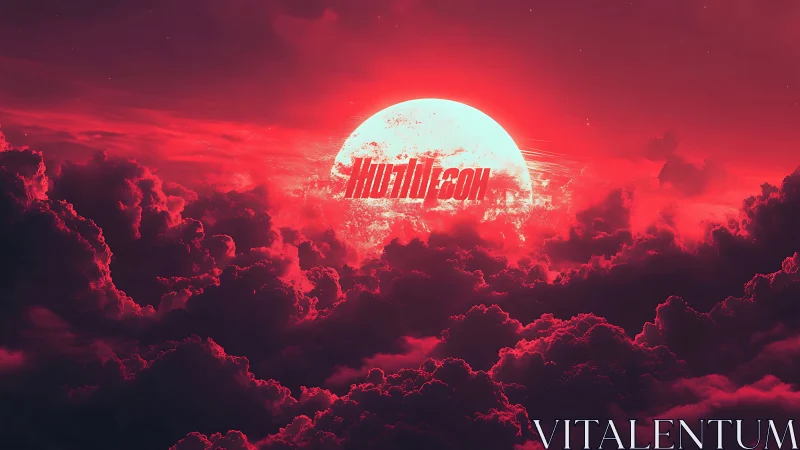 Crimson moonrise drifting through dreamy storm clouds.