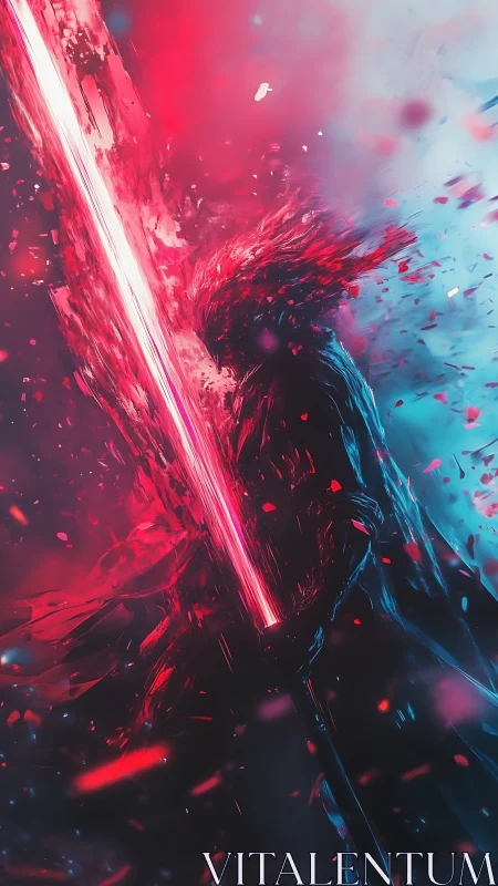 Blade-wreathed cyber warrior in red cyan volumetric nebula