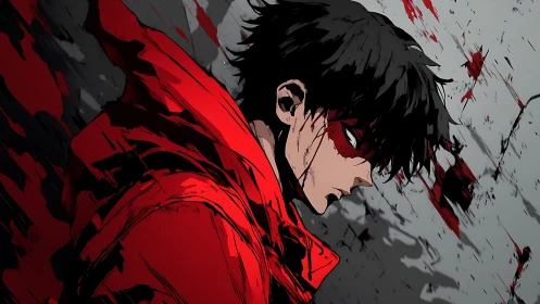 Brooding anime fighter in bloodstained red urban frame.