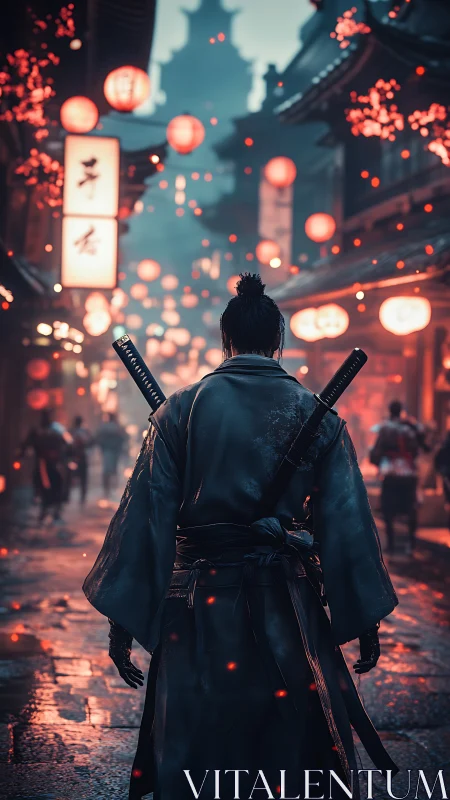 Lone samurai wandering beneath lantern-lit city skies.