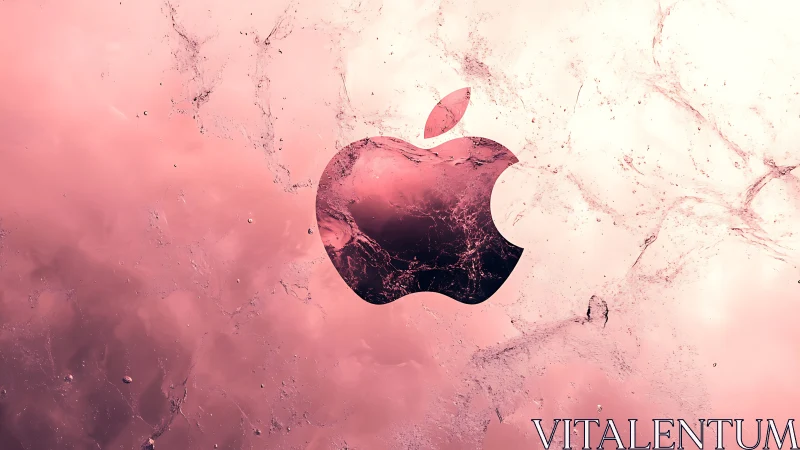 Crystalline apple emblem suspended in turbulent pink fluid field.