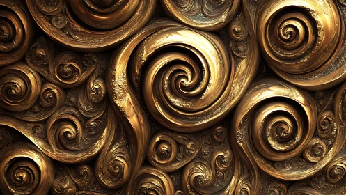 Metallic fractal spirals with ornate golden vortex surfaces