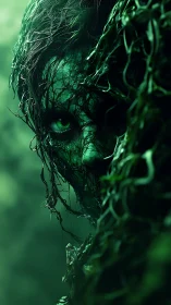 Forest wraith emerges from tangled vines in eerie green light.