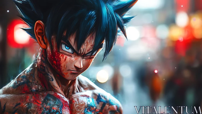 Battle-scarred anime warrior in neon-lit urban bokeh portrait.