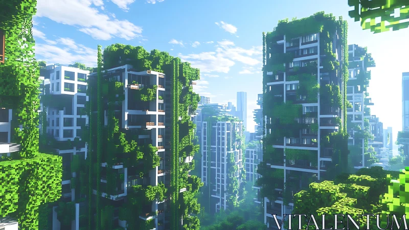 Vertical voxel forest city bathed in bright morning light.