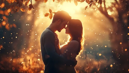 Couple Embracing in Golden Autumn Light and Falling Leaves