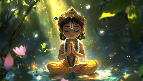 Child deity sits meditating in lotus pose amid glowing forest
