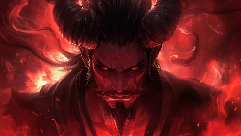 Demonic horned warrior rendered in high-contrast red infernal lighting
