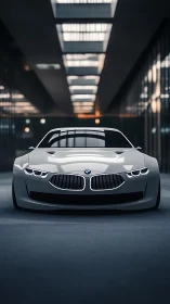 Futuristic BMW sports coupe in moody glass corridor light.