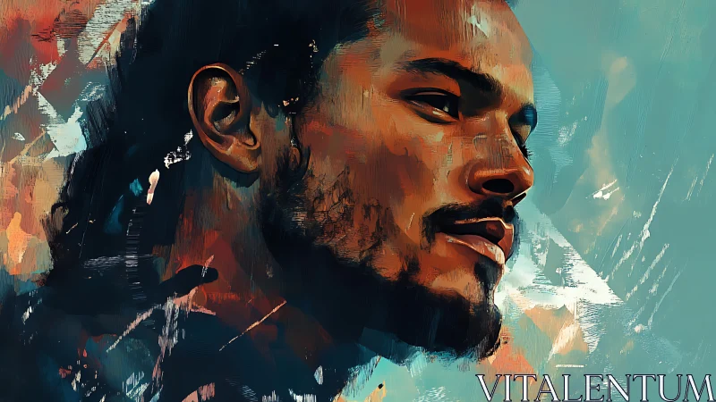 Bold digital portrait of man in profile on teal background.