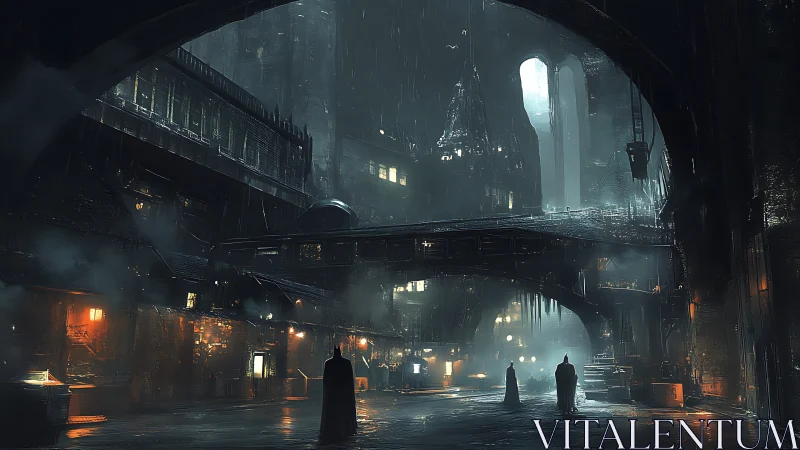 Moody rain soaked gothic city under looming arches at night.