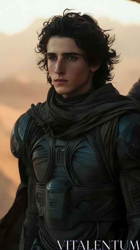 Desert-equipped young scout in articulated tactical exosuit.