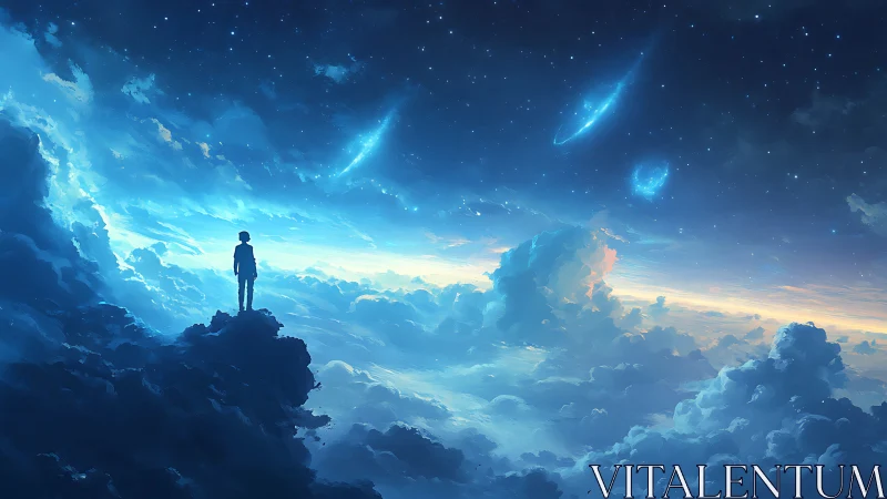 Stargazer drifts above cloud oceans beneath comet trails.