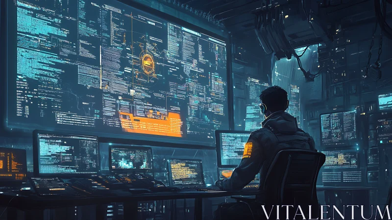 Cybersecurity analyst monitors futuristic data war room
