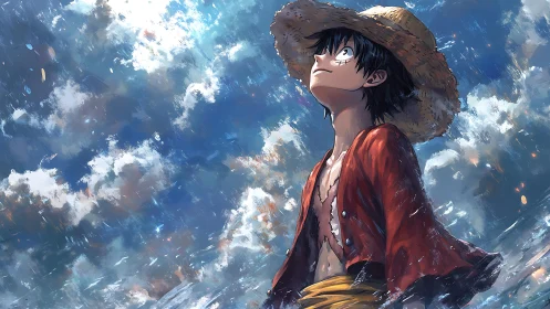 Straw hat pirate gazes upward under vast painted sky.
