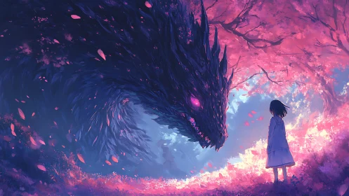 Girl facing large dark dragon under luminous pink trees.