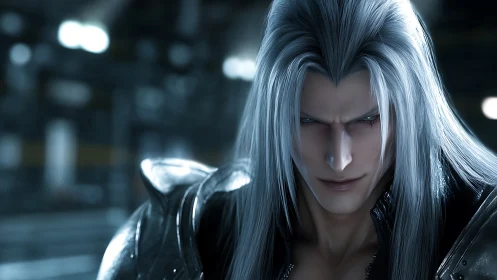Silver haired warrior stares forward with intense expression