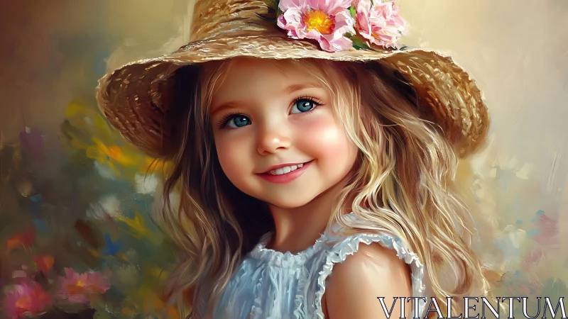 Blonde Child in Straw Hat with Floral Crown and Garden Setting.