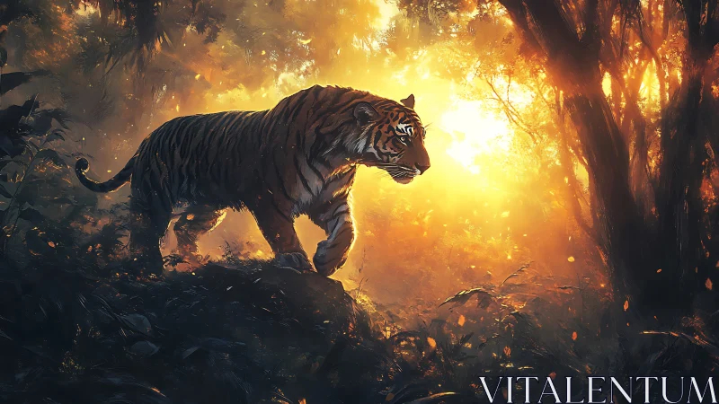 Solitary tiger moving through dense forest at sunrise.