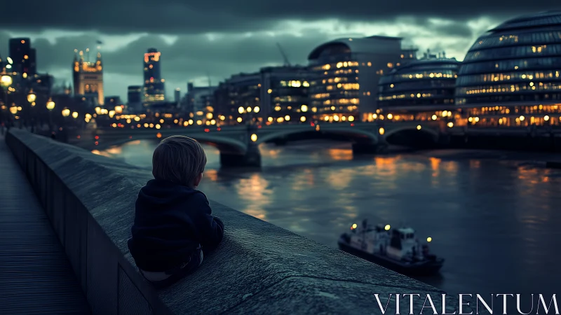 Child watching city lights over river at moody dusk.