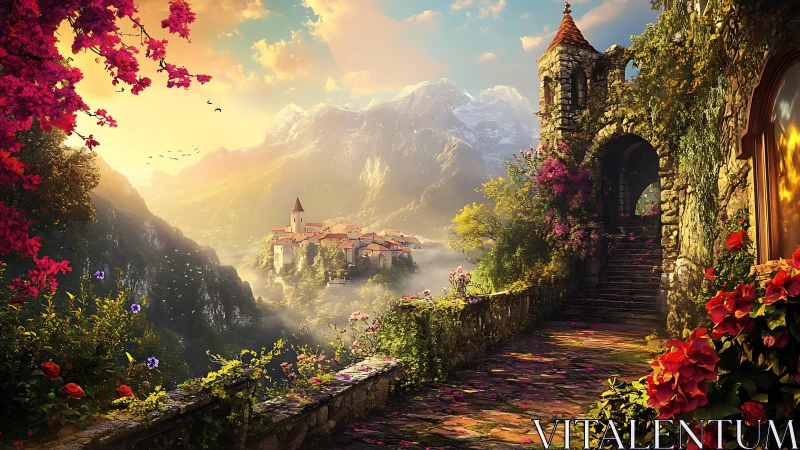 Sunlit mountain village terrace with blooming stone archway.